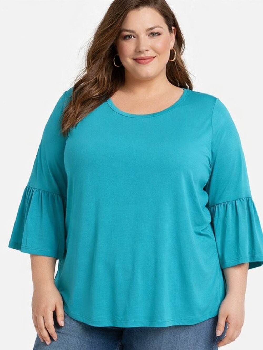 Rue+ Women’s 1X Green Bell Sleeve Scoop Neck Crop Waist Soft Casual Top, Preown